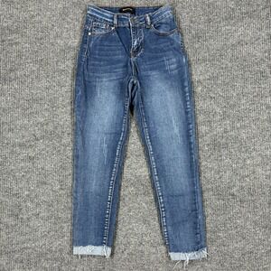 Beyond Us Distressed Skinny Jeans Womens Size 4 Blue Denim Stretch Raw Hem